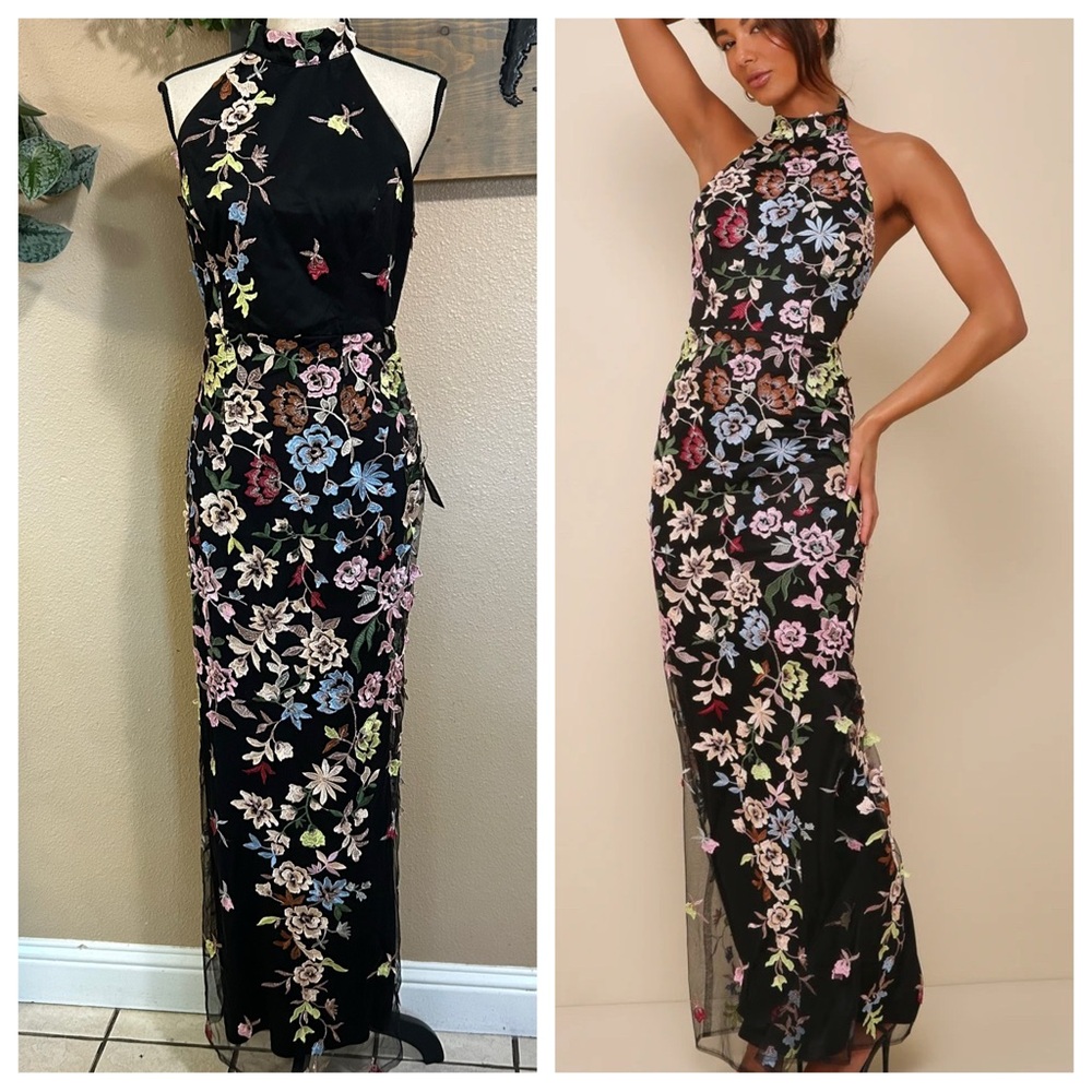 Infinite Praise Black 3D Floral Embroidered Halter Maxi Dress